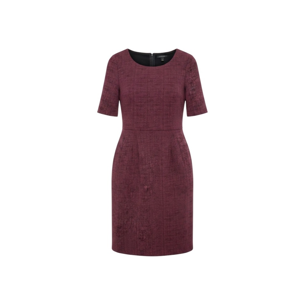 Lands End Womens 6 Sheath Dress Short Sleeve Plum Maroon Crosshatch Pockets
